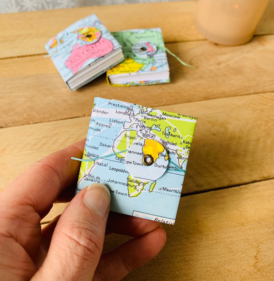 Tiny Concertina Sketchbook with Recycled Map Cover. World Map.