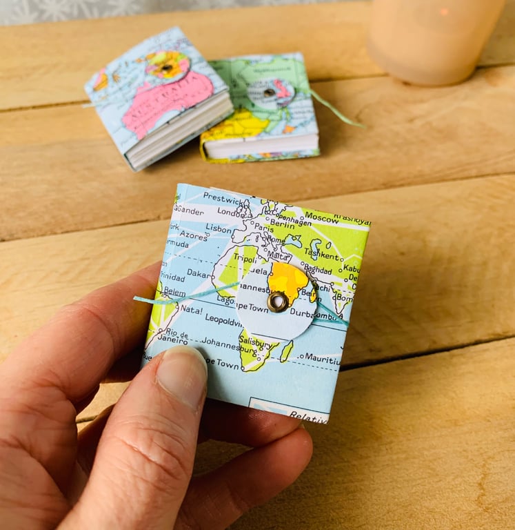 Tiny Concertina Sketchbook with Recycled Map Cover. World Map.