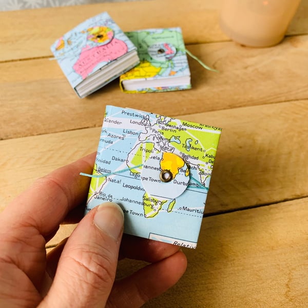Tiny Concertina Sketchbook with Recycled Map Cover. World Map.