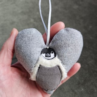Handmade Penguin Christmas decorations, padded hanging heart, baby penguin