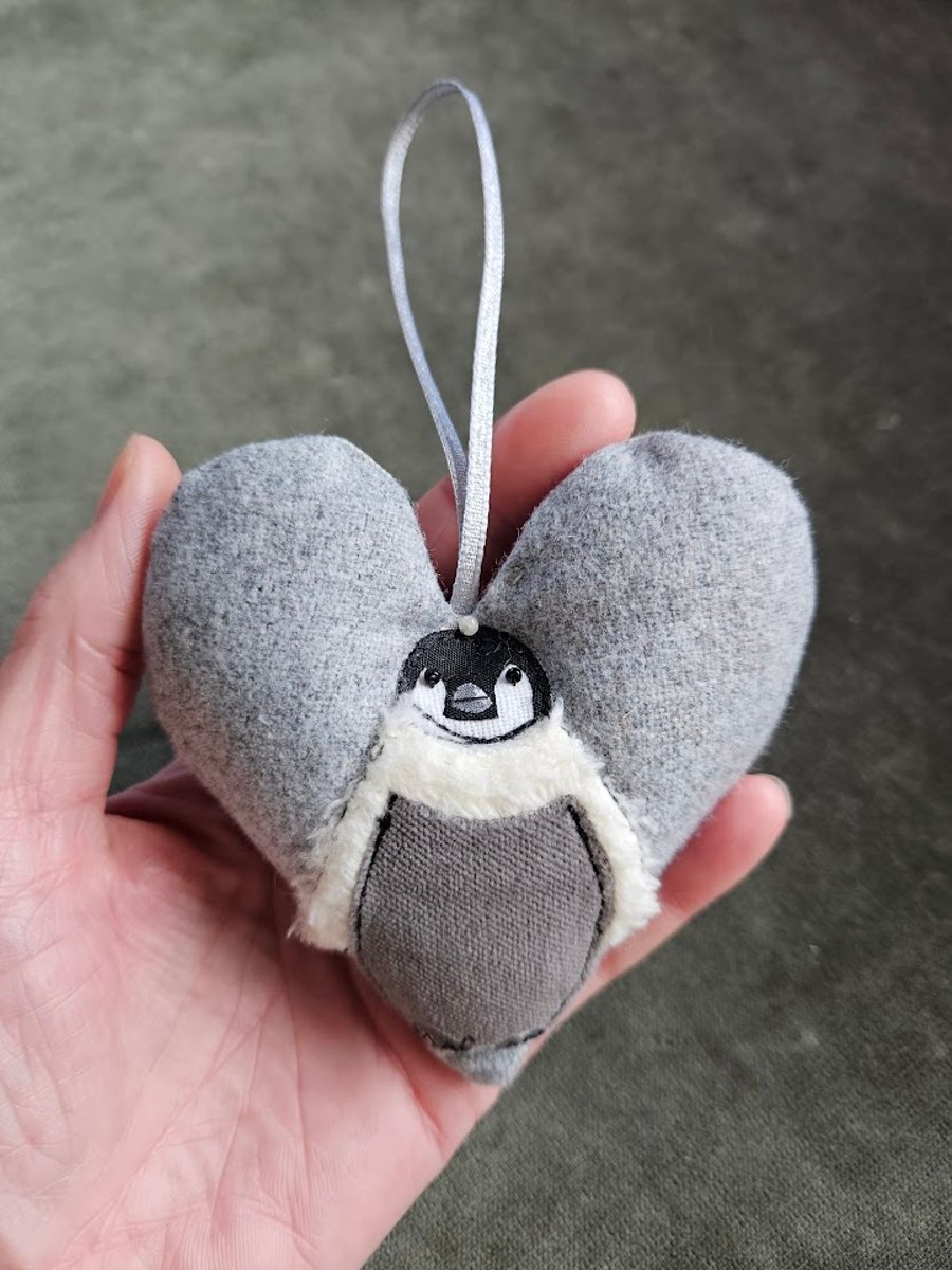 Handmade Penguin Christmas decorations, padded hanging heart, baby penguin