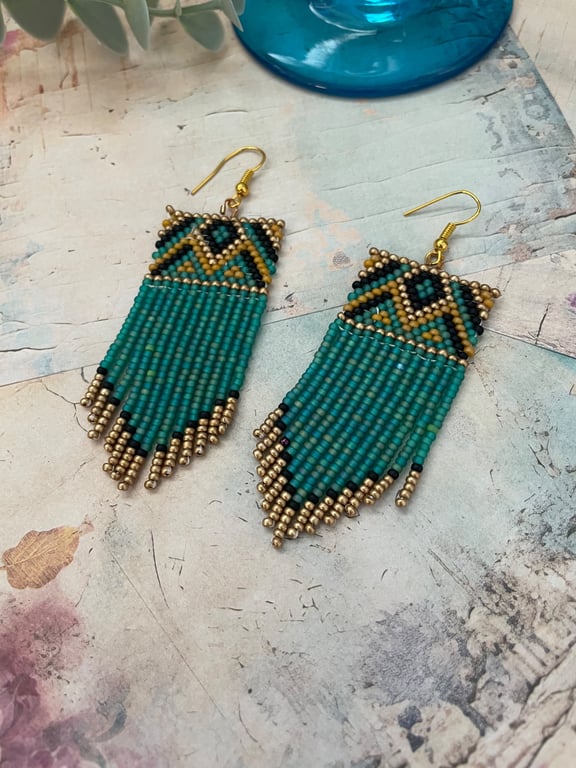 Geometric design hand woven glass beaded fringe earrings 
