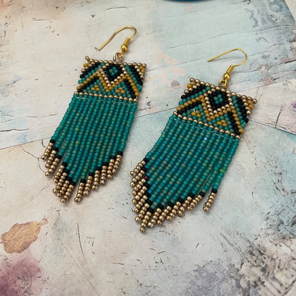 Geometric design hand woven glass beaded fringe earrings 