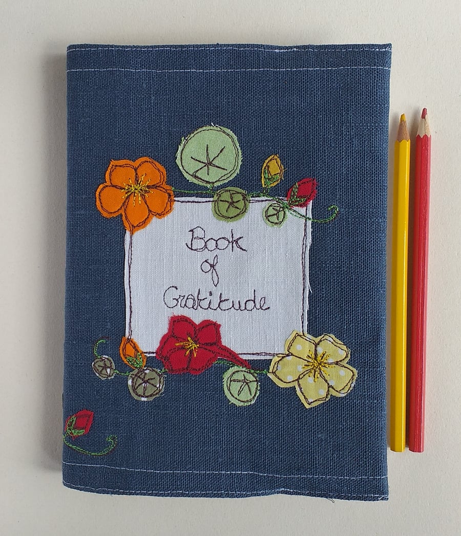 A5 Hardback Gratitude Notebook with Embroidered Nasturtiums on a Removable Cover