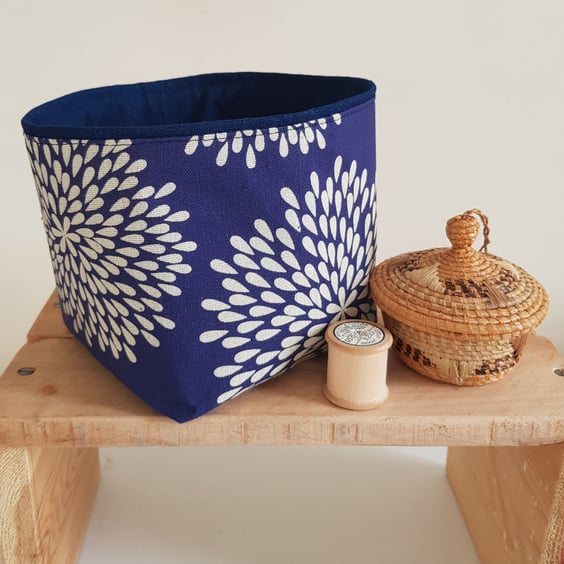 Fabric storage "basket": indigo dyed cotton; chrysanthemum design