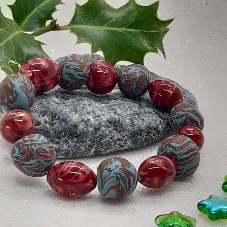 Teal, red and gold polymer clay bracelet
