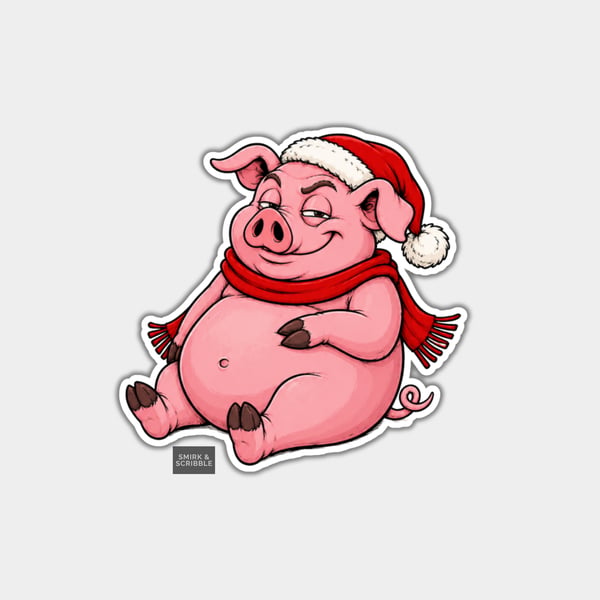 Unique Funny Christmas Sticker Xmas Decal - Cheeky Lazy Pig In Santa Hat