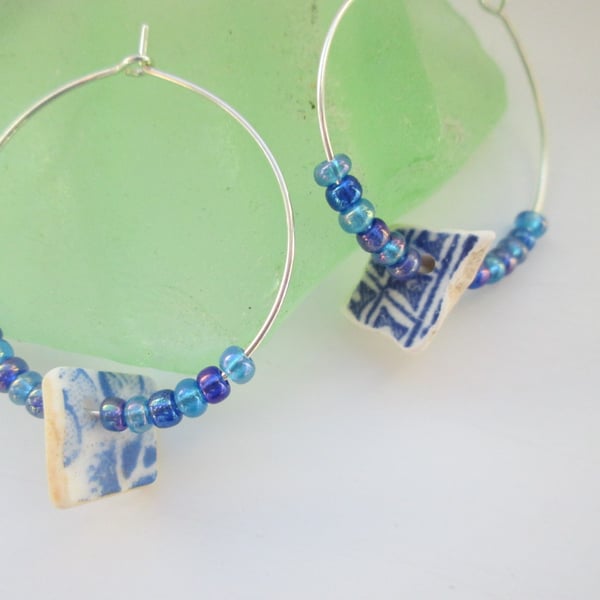 Pretty Blue SeaPottery drops with blue mini beads, Sterling Silver hoop Earrings