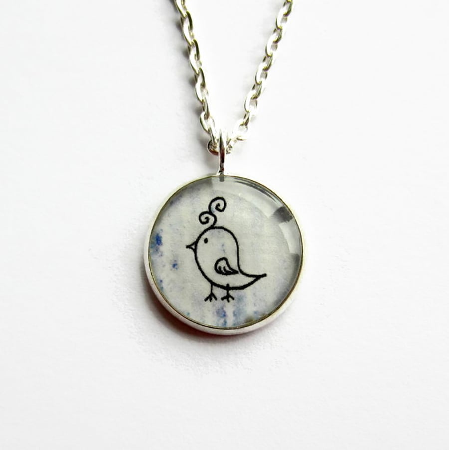 Small Pale Blue Bird Necklace, Quirky Bird Picture Pendant, 18mm
