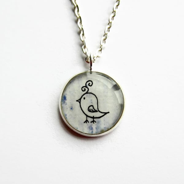 Small Pale Blue Bird Necklace, Quirky Bird Picture Pendant, 18mm