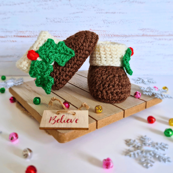 Christmas Pudding Crochet Baby Booties, Newborn - 6 Months