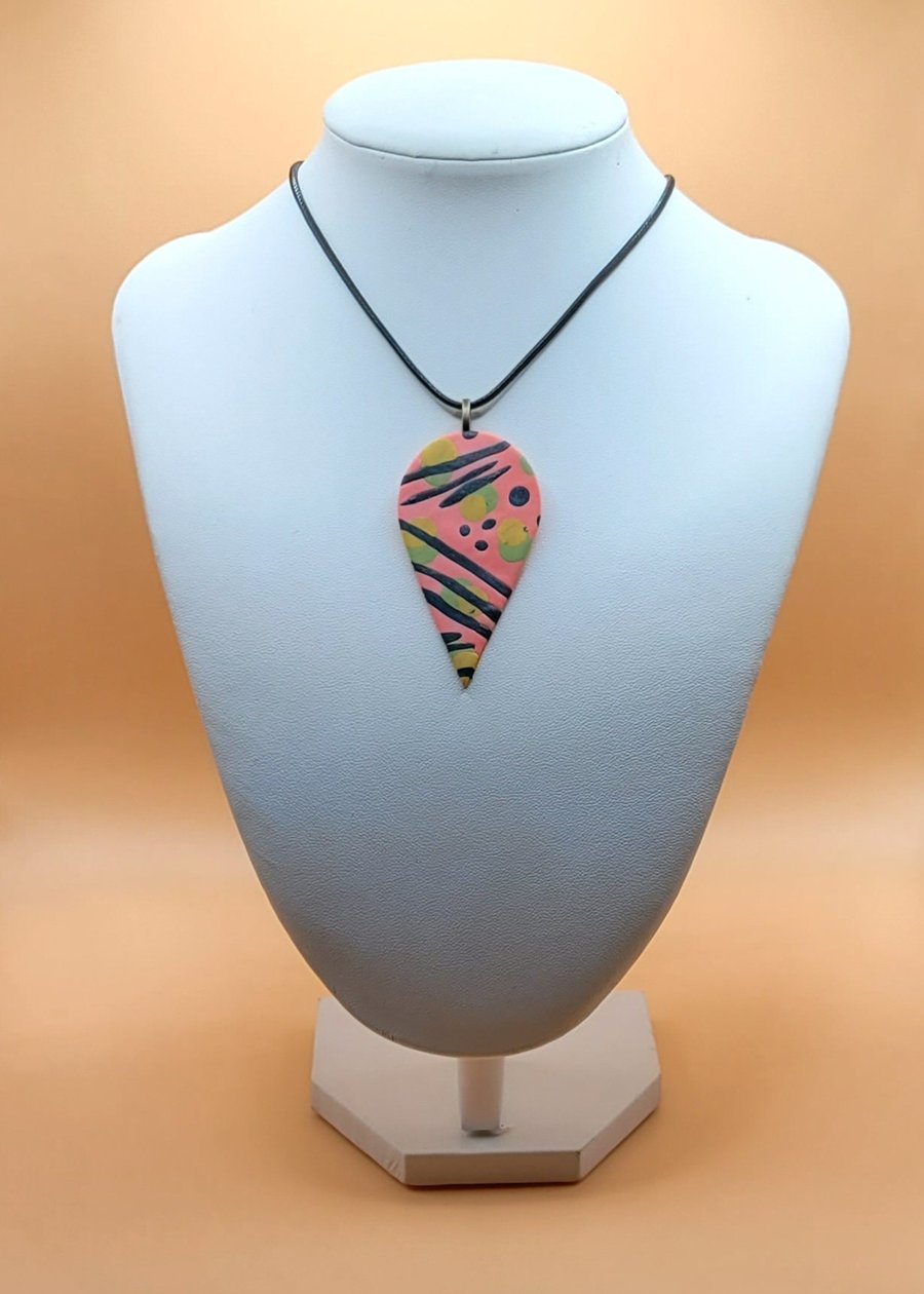 Bold Teardrop Polymer Clay Necklace, Artisan Statement Jewelry, Colorful Pendant