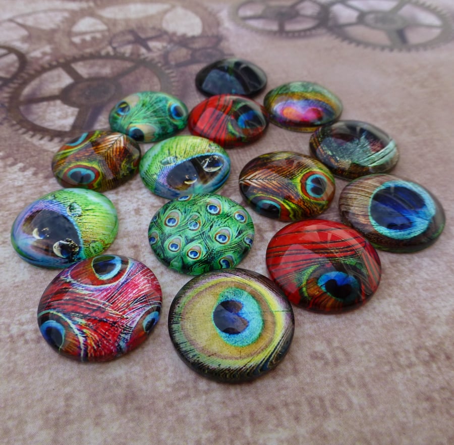 pack of 10 - 20mm Peacock Feather Glass Cabochon Mix