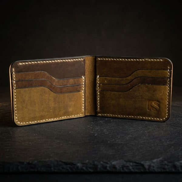 Olive Green Full Grain Leather Bifold Wallet 6 Card Slots Mens Wallet UK