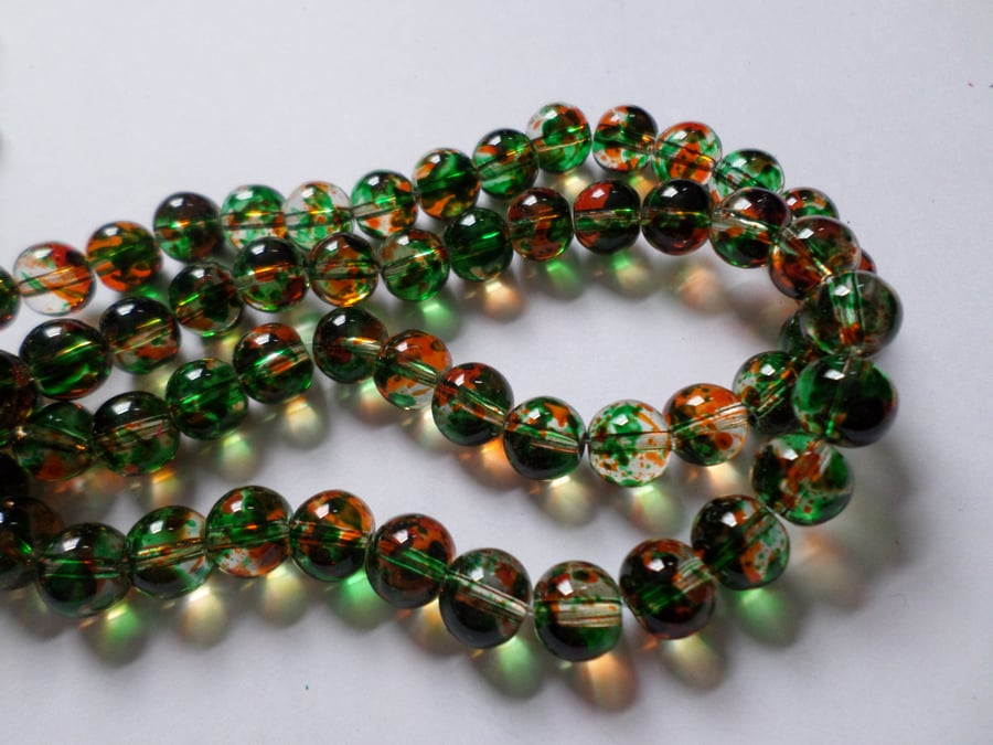 25 x Transparent Mottled Effect Glass Beads - Round - 10mm - Green & Orange 