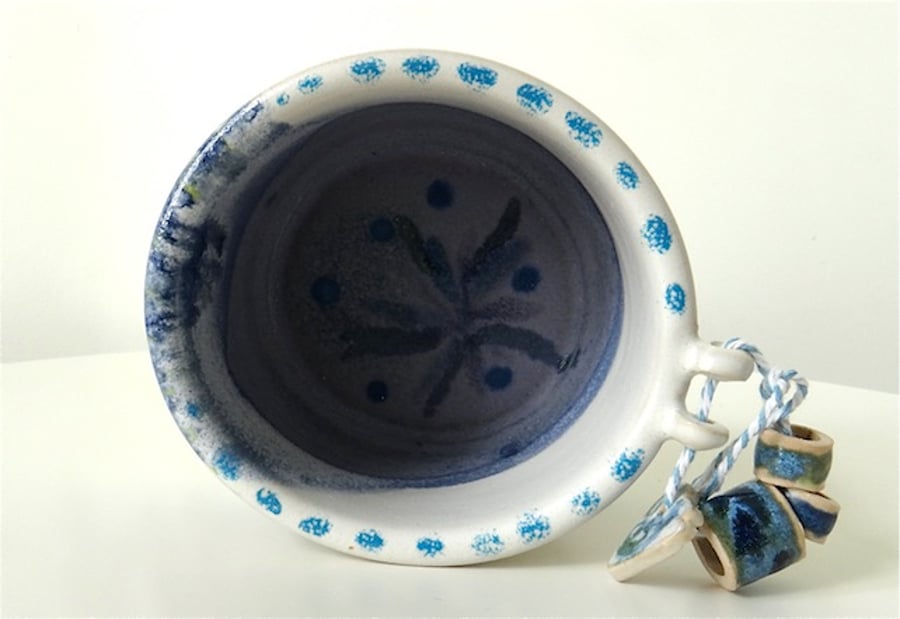 Stoneware bowl with ceramic beads and heart - handmade pottery
