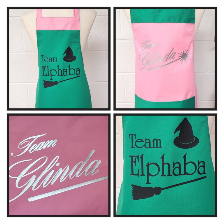 9 - 12 yrs kids cotton wicked apron - team elphaba team glinda. Made in England