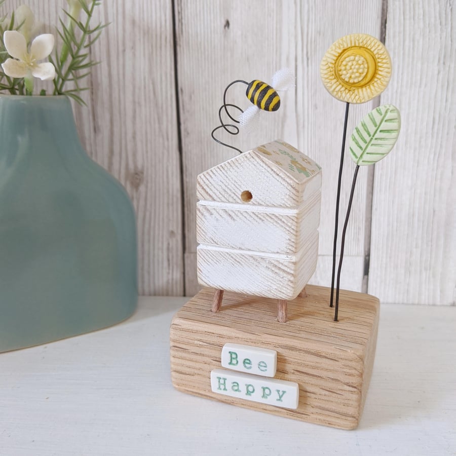Wooden Beehive With Clay Flower Garden and Bee 'Bee Happy'