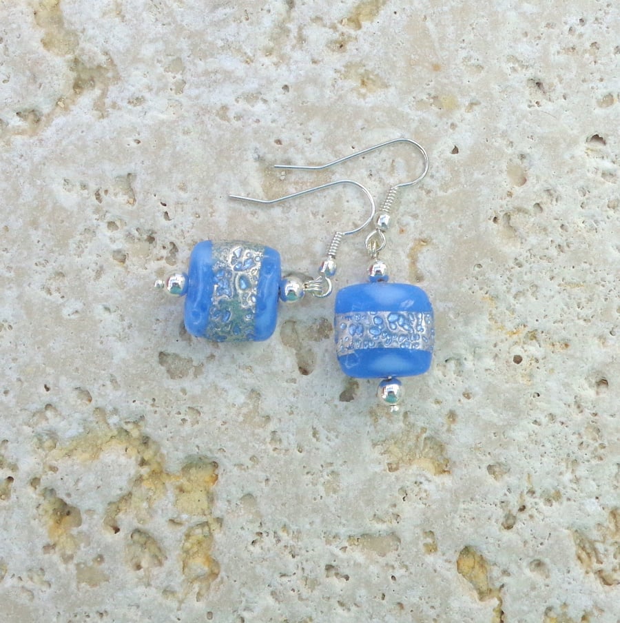 Bright sky blue & silver glass bead drop earrings