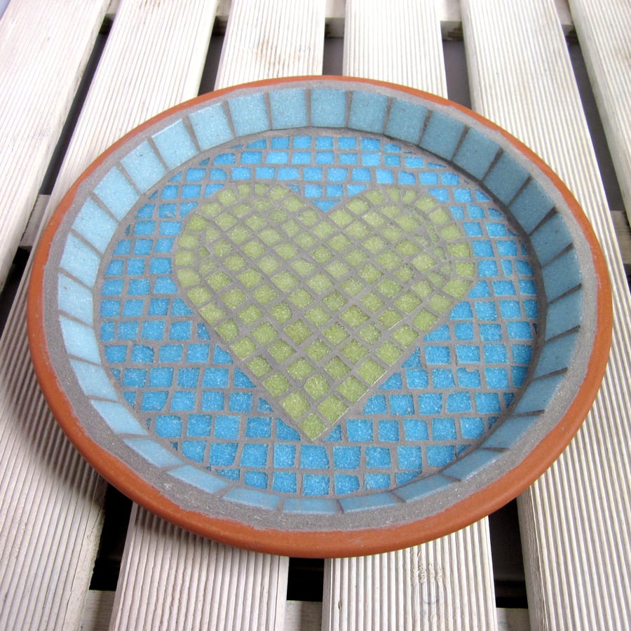 Mosaic Bird Bath Aqua and Apple Heart