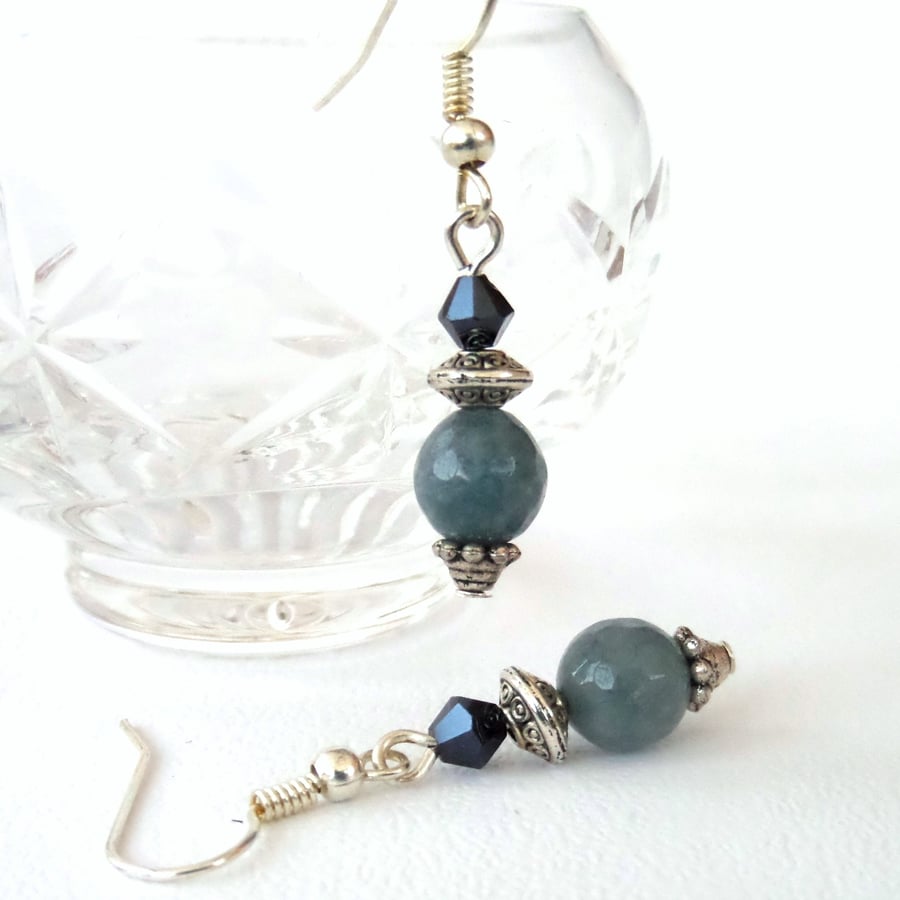 Handmade earrings, with faceted blue aquamarine & jet crystal