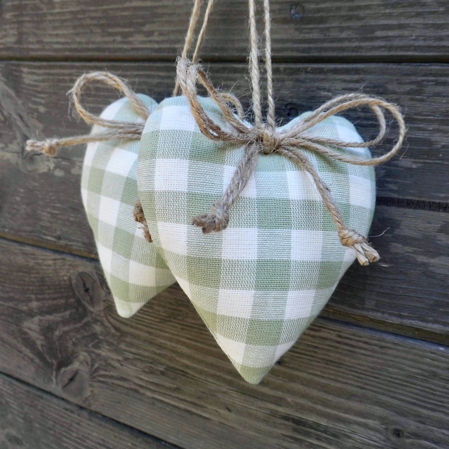 Pair hanging hearts Laura Ashley green check gingham