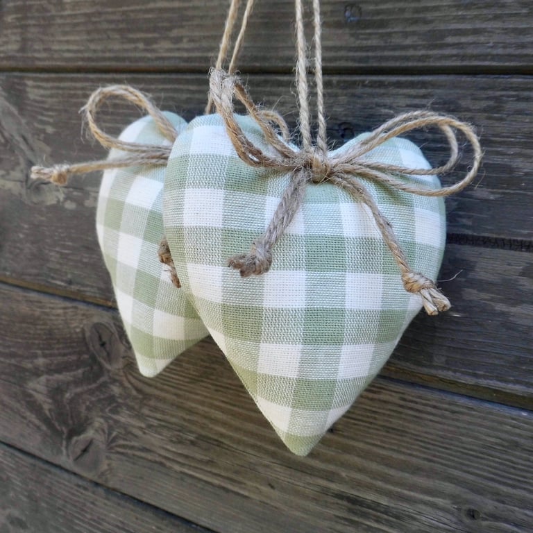 Pair hanging hearts Laura Ashley green check gingham