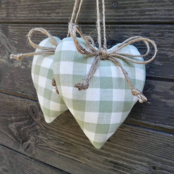 Pair hanging hearts Laura Ashley green check gingham