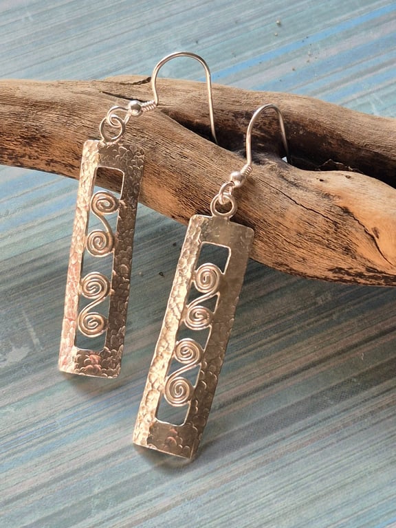 Unique Beatiful Textured Rectangular Spiral Pattern Dangle Earrings Silver 