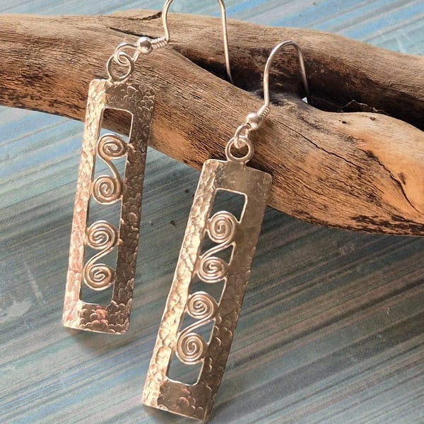 Unique Beatiful Textured Rectangular Spiral Pattern Dangle Earrings Silver 