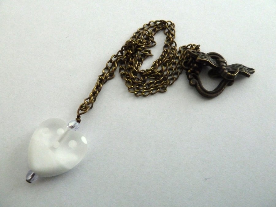 SALE white lampwork heart necklace