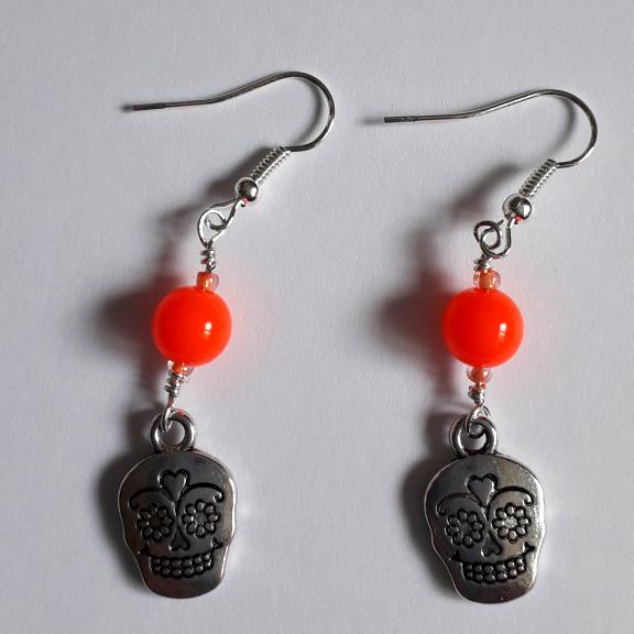 Halloween Sugar Skull & Neon Orange Bead Dangle Earrings