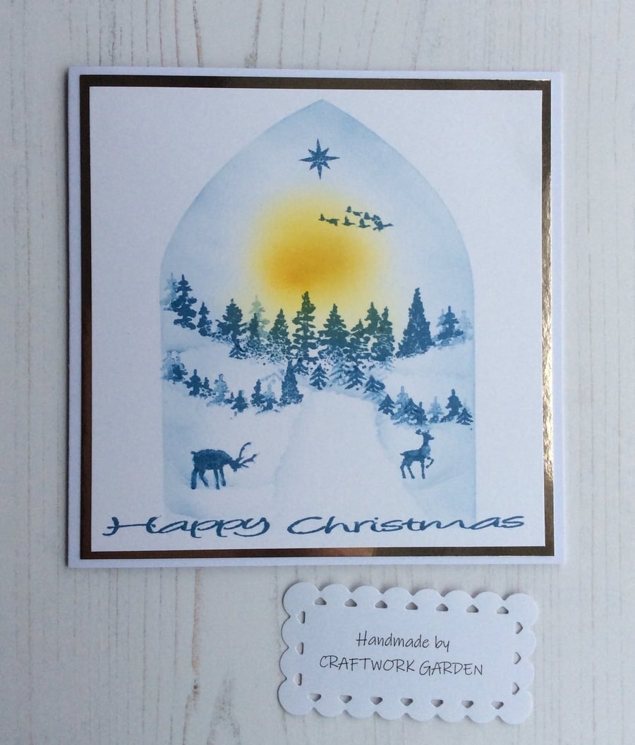 Blue Arch Woodland Scene Merry Christmas Card