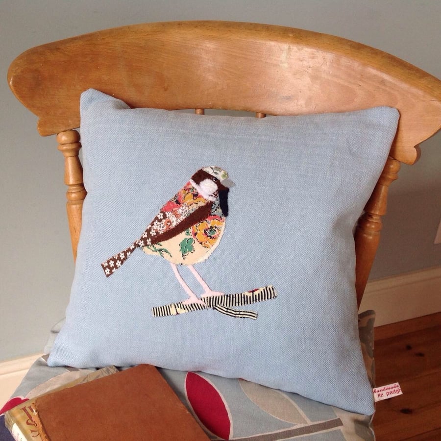 Cushion, Hand Stitched Vintage Fabric Sparrow Bird