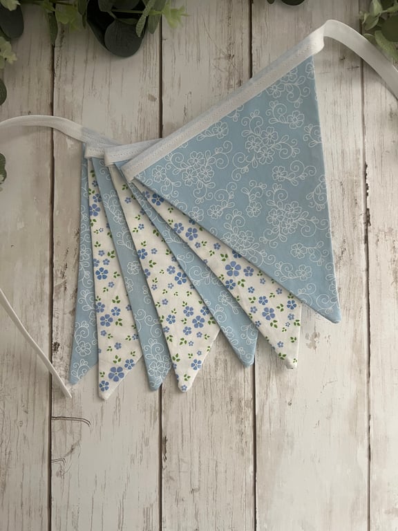 Handmade Fabric Bunting 7 Flags in Pastel Blue Florals Design