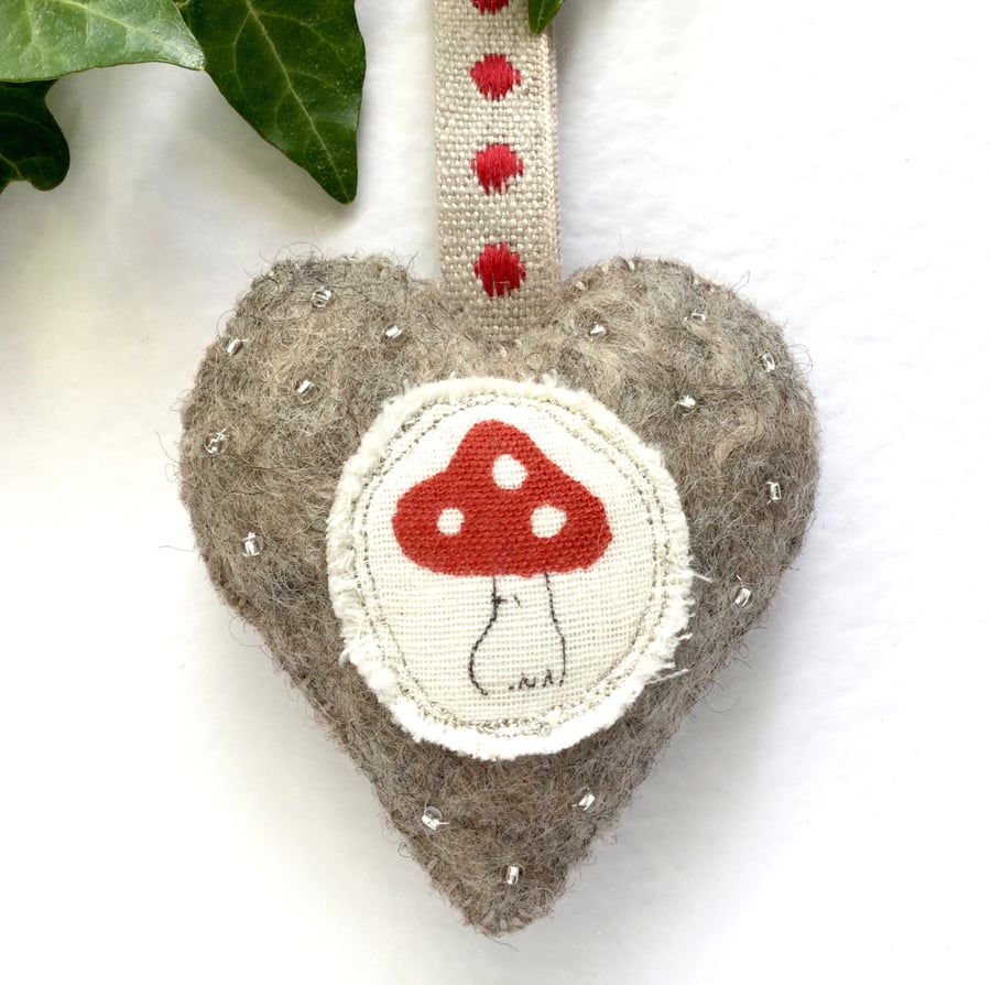 Gorgeous Handmade Mushroom Hanging Heart Decoration. Autumn Decor. Toadstool.