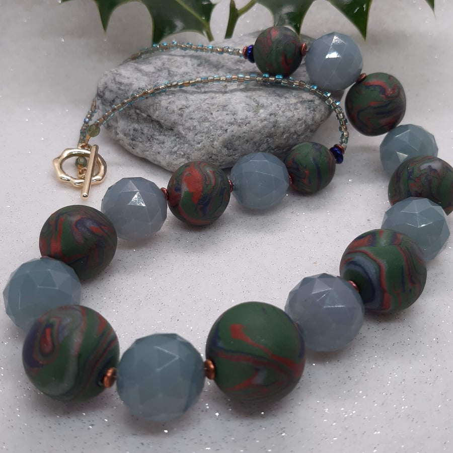 Navy, sage, sienna polymer clay necklace