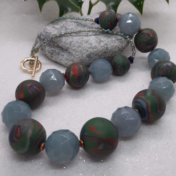Navy, sage, sienna polymer clay necklace