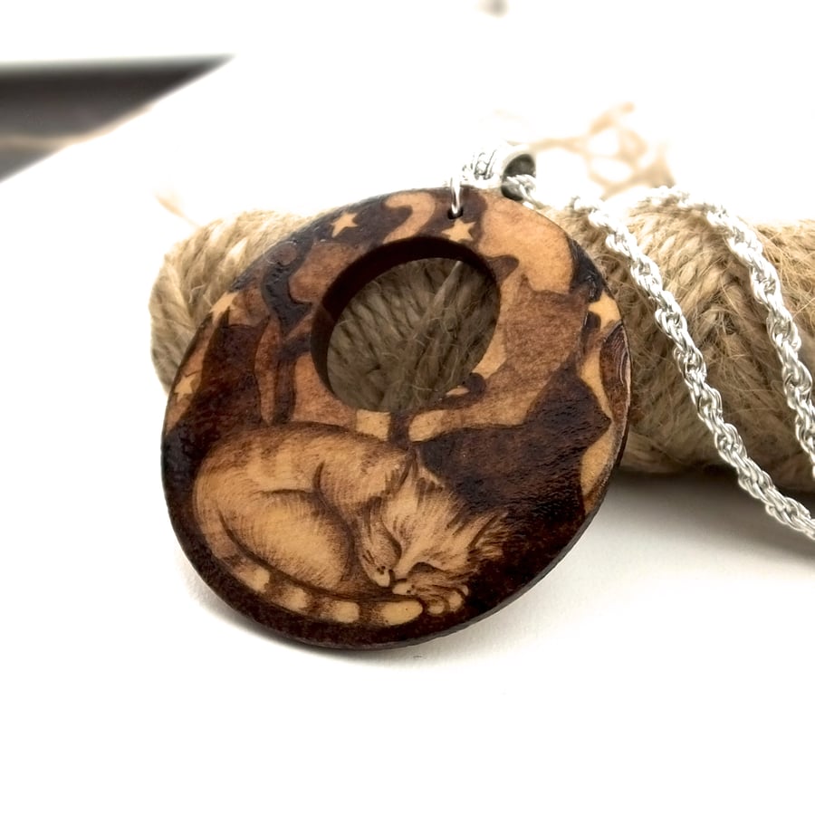 For the love of Cats Wooden Pyrography Pendant Necklace