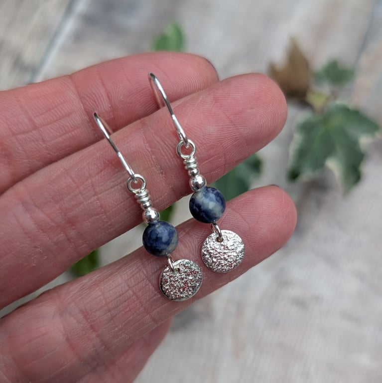 Blue Sodalite and Silver Leaf Disc Earrings - JBJ1126