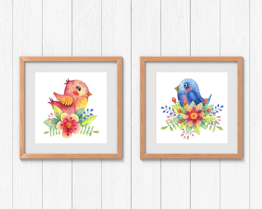 Decorative birds prints, cute birds wall decor, colourful birds illustrations