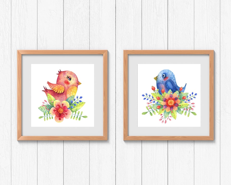 Decorative birds prints, cute birds wall decor, colourful birds illustrations