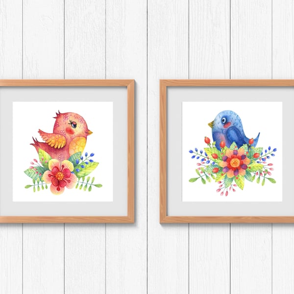 Decorative birds prints, cute birds wall decor, colourful birds illustrations