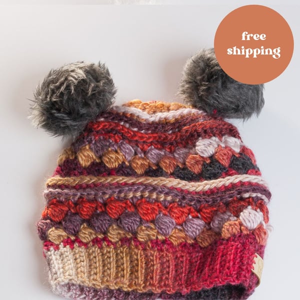  Hat Cute crochet with handmade faux fur pompoms