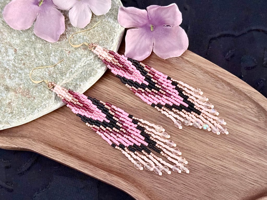 Pink and black chevron beadwork fringe earrings