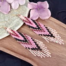 Pink and black chevron beadwork fringe earrings