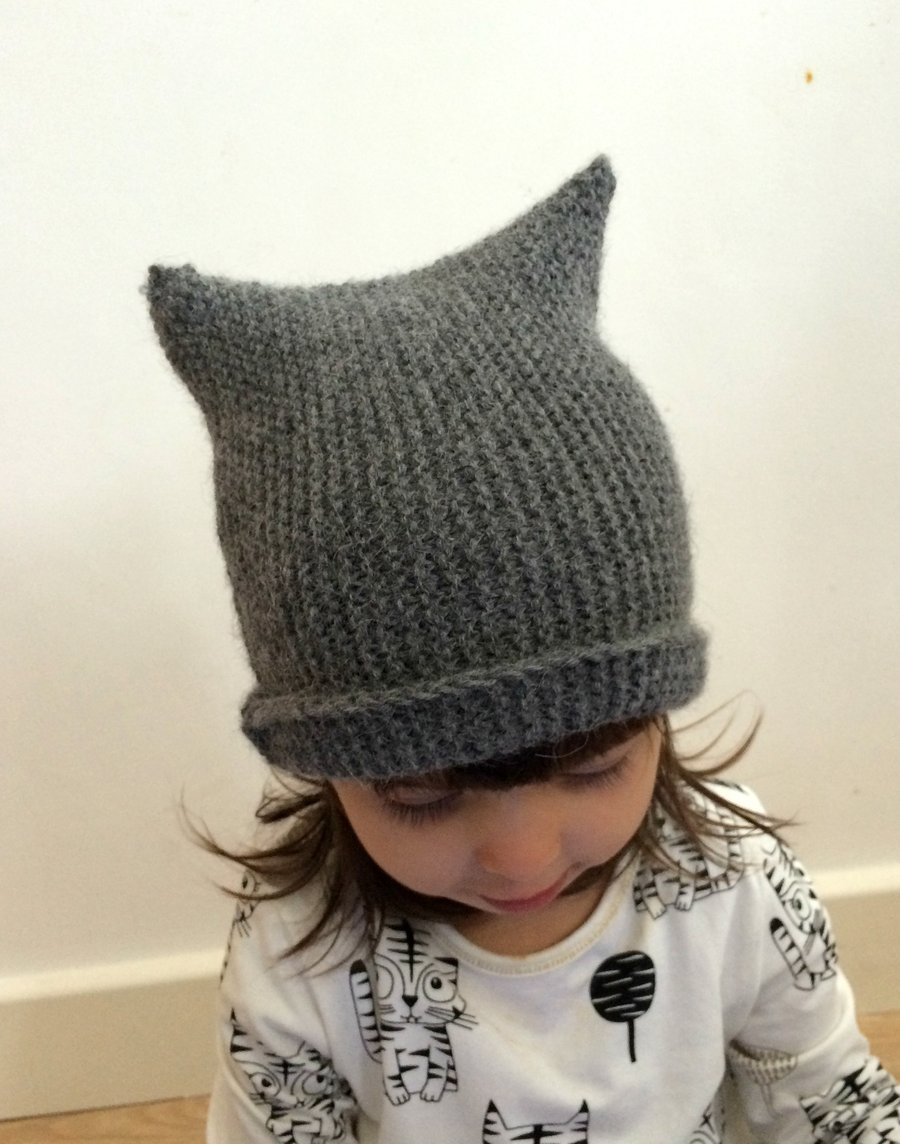 Kids Kitten Ears Hat Beanie Grey Alpaca