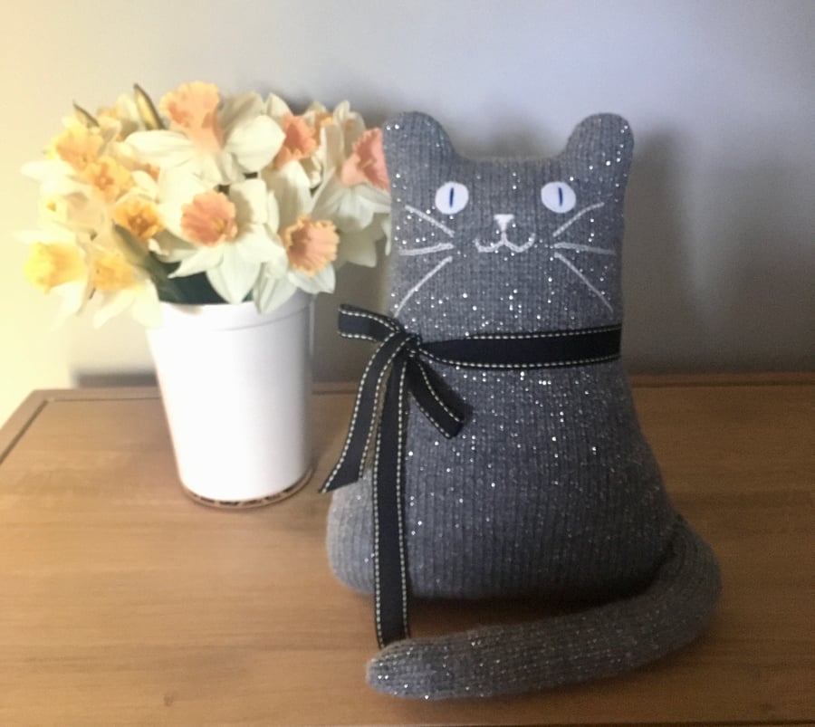 Silver grey cat doll - hand knitted doll