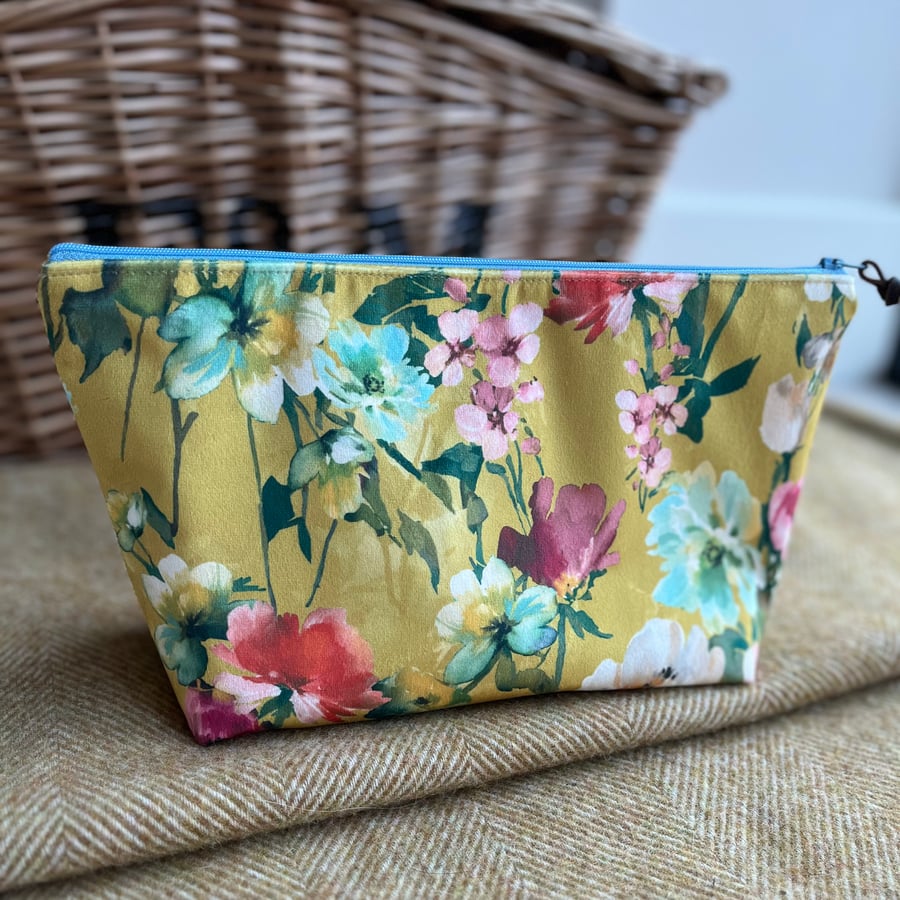 Yellow floral velvet zip pouch large bag with ditsy print lining 