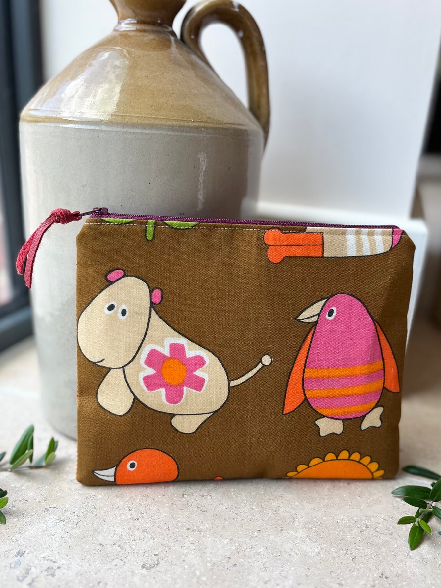 Vintage animal cotton and corduroy zip pouch retro fabric by Frieda Clowes